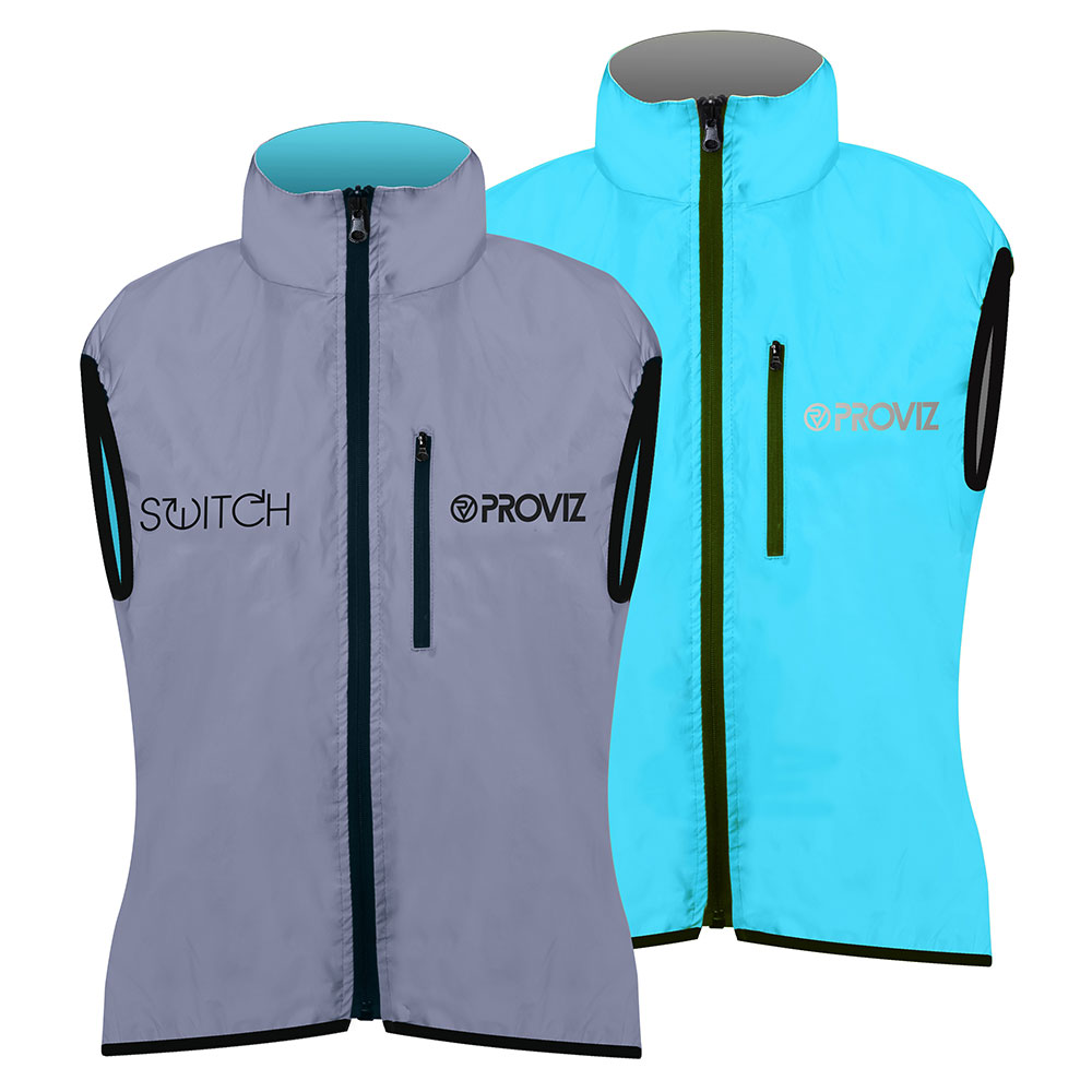 Reflective reversible cycling gilet by Proviz, featuring a light grey side with black logos and a bright blue side, made from lightweight, breathable material with a zip front and two pockets.