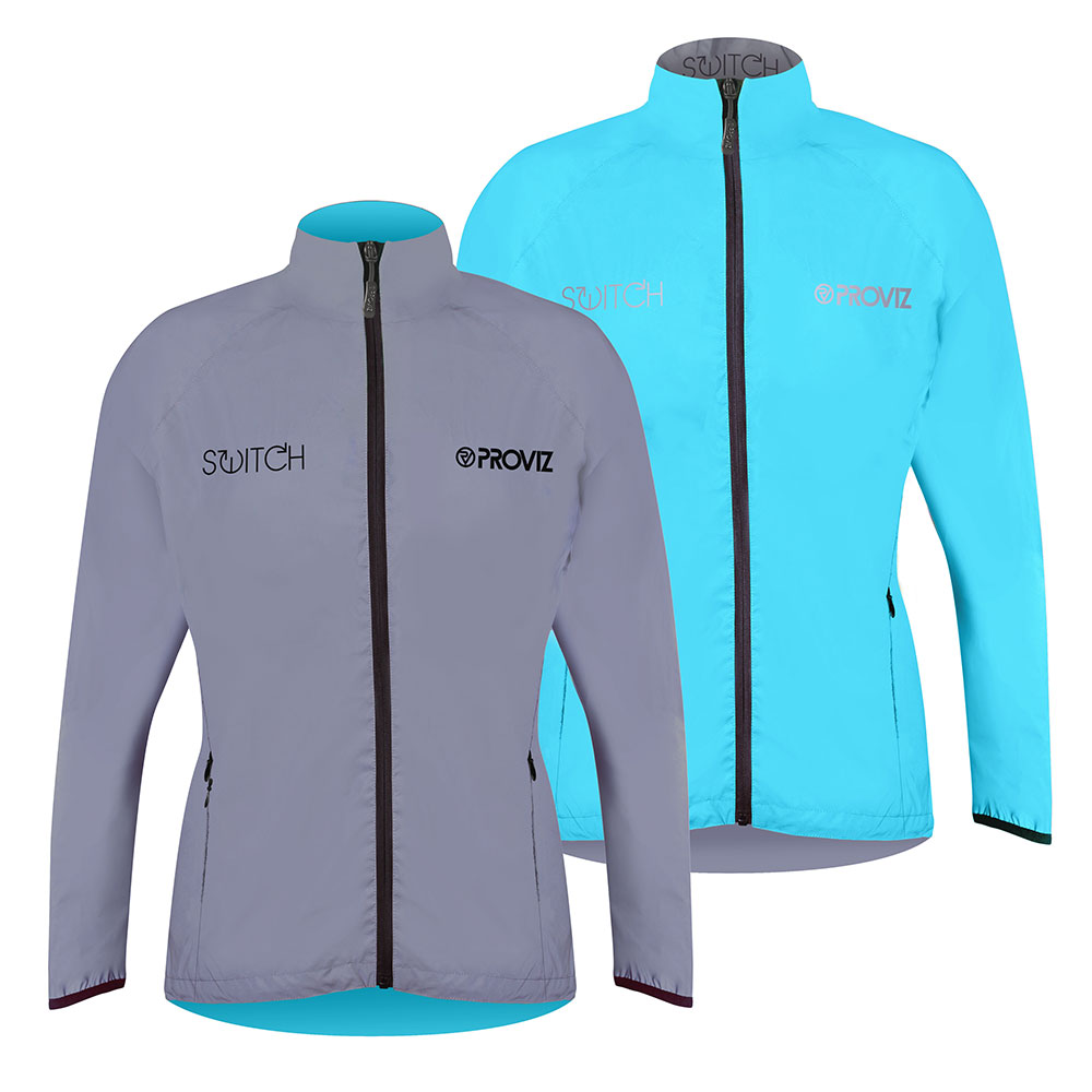 Women's reflective reversible cycling jacket by Proviz, featuring a light gray exterior and vibrant blue interior, made from lightweight material with a zip front and high collar.