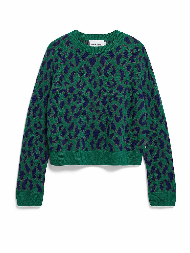 Green round neck sweater featuring a bold blue leopard print, made from soft material with a cropped fit and ribbed cuffs.