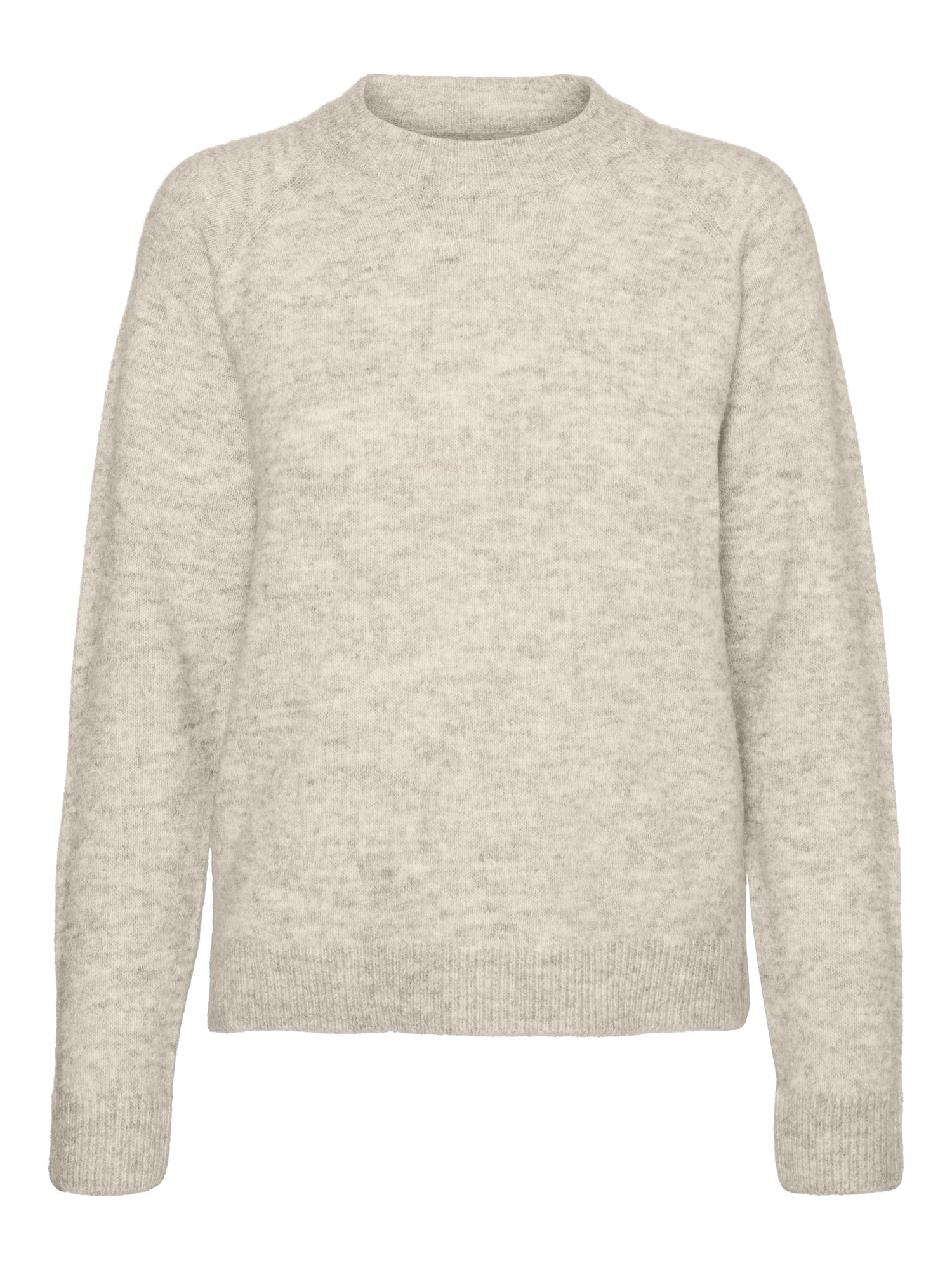 Light grey round neck sweater by Vero Moda, featuring a soft, textured knit, long sleeves, and ribbed cuffs and hem for a cozy fit.