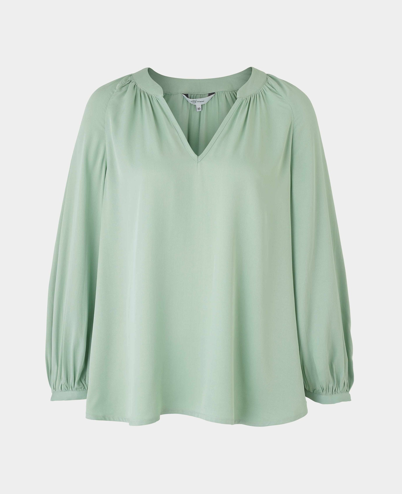 Women's sage green viscose twill shirt with a grandad collar, featuring long sleeves and a relaxed fit, size 10, by Savile Row Company.