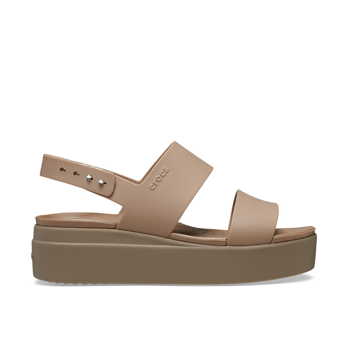 Beige Crocs Brooklyn Low Wedge women's flat sandals featuring a sleek design, adjustable slingback strap, and a comfortable platform sole.