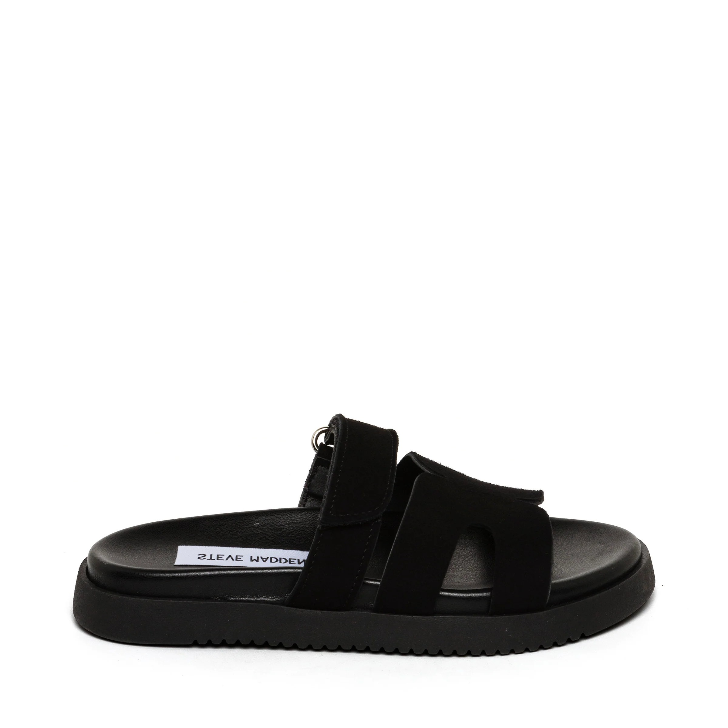 Black suede women's sandals by Steve Madden featuring a slip-on design, two wide straps, and a chunky rubber sole for comfort.