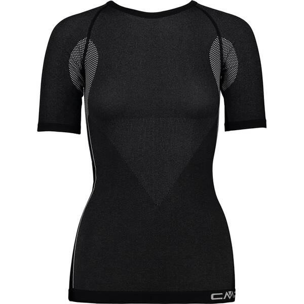Black women's seamless T-shirt by CMP featuring short sleeves, mesh detailing on the shoulders, and a fitted design for enhanced comfort and performance.