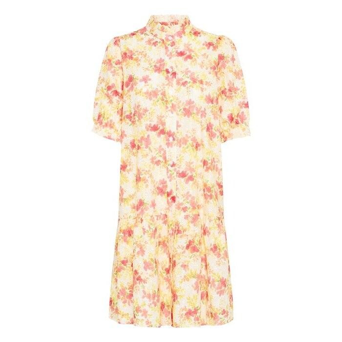 Floral women's shirt dress by Pulz Jeans, featuring a soft pastel color palette with pink and yellow flowers, short puff sleeves, and a relaxed fit.