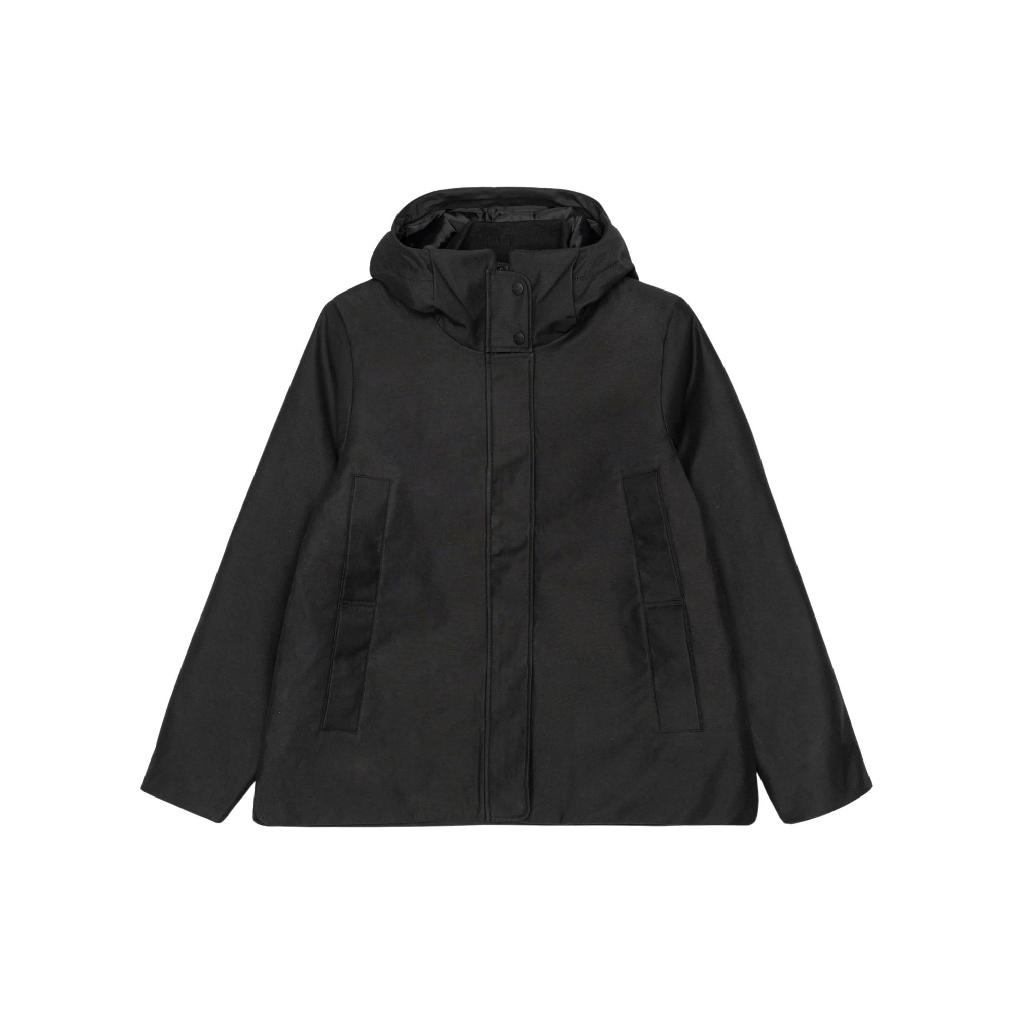 Black women's short hooded parka by Selfhood, featuring a front zipper, snap buttons, and two side pockets, made from a durable, textured material.