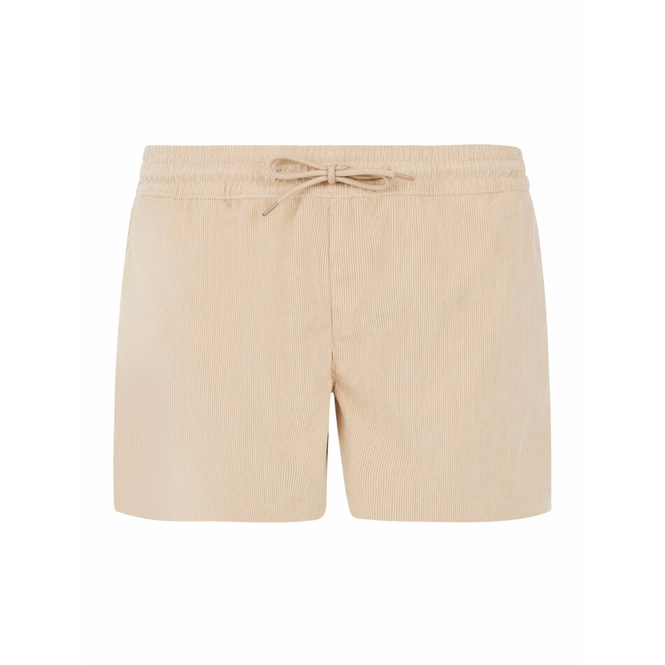 Light beige women's shorts by Protest, featuring a soft corduroy texture, an elastic waistband with a drawstring, and a relaxed fit for comfort.