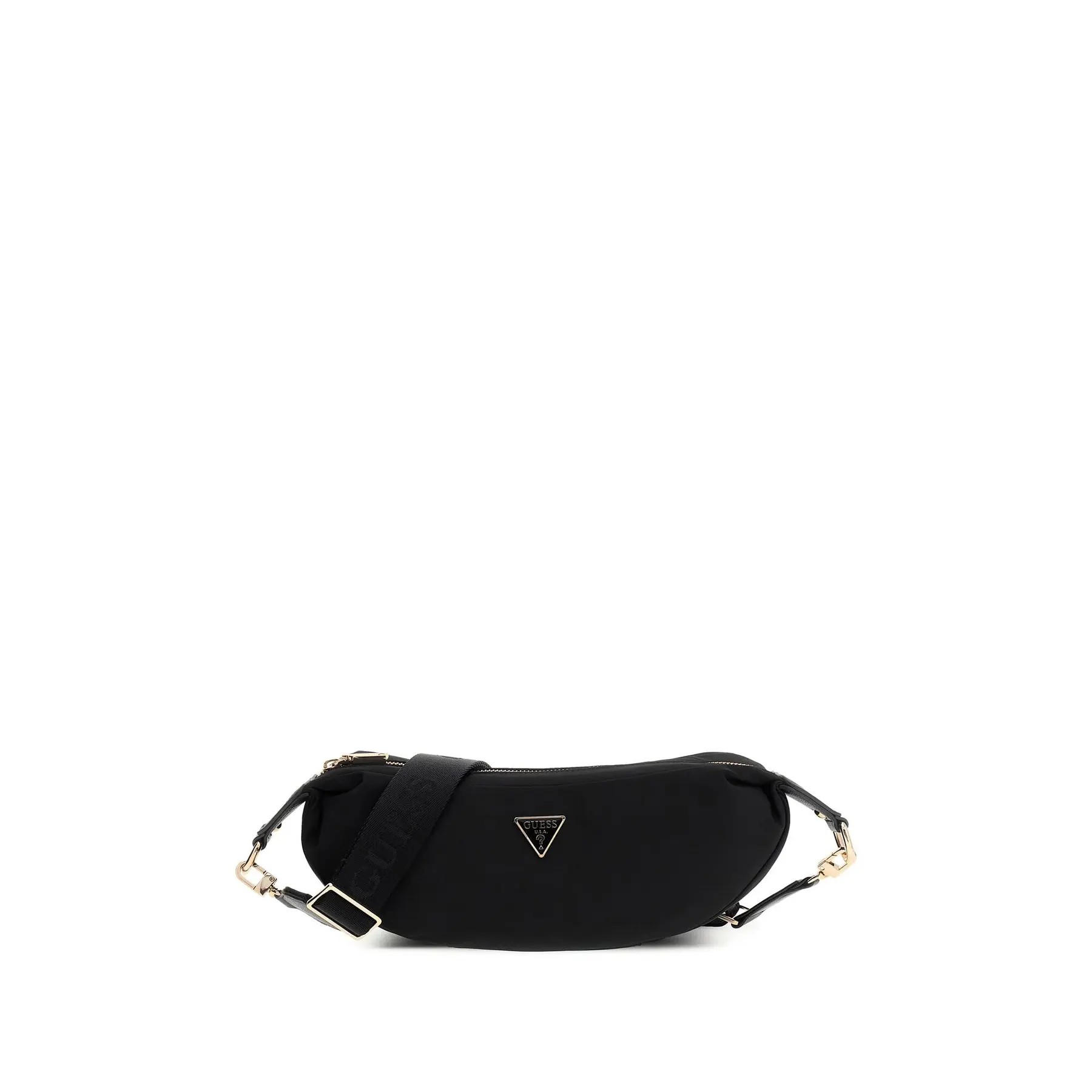 Black Guess Gemma crossbody bag made of smooth material, featuring a gold logo triangle emblem and an adjustable strap with embossed branding.