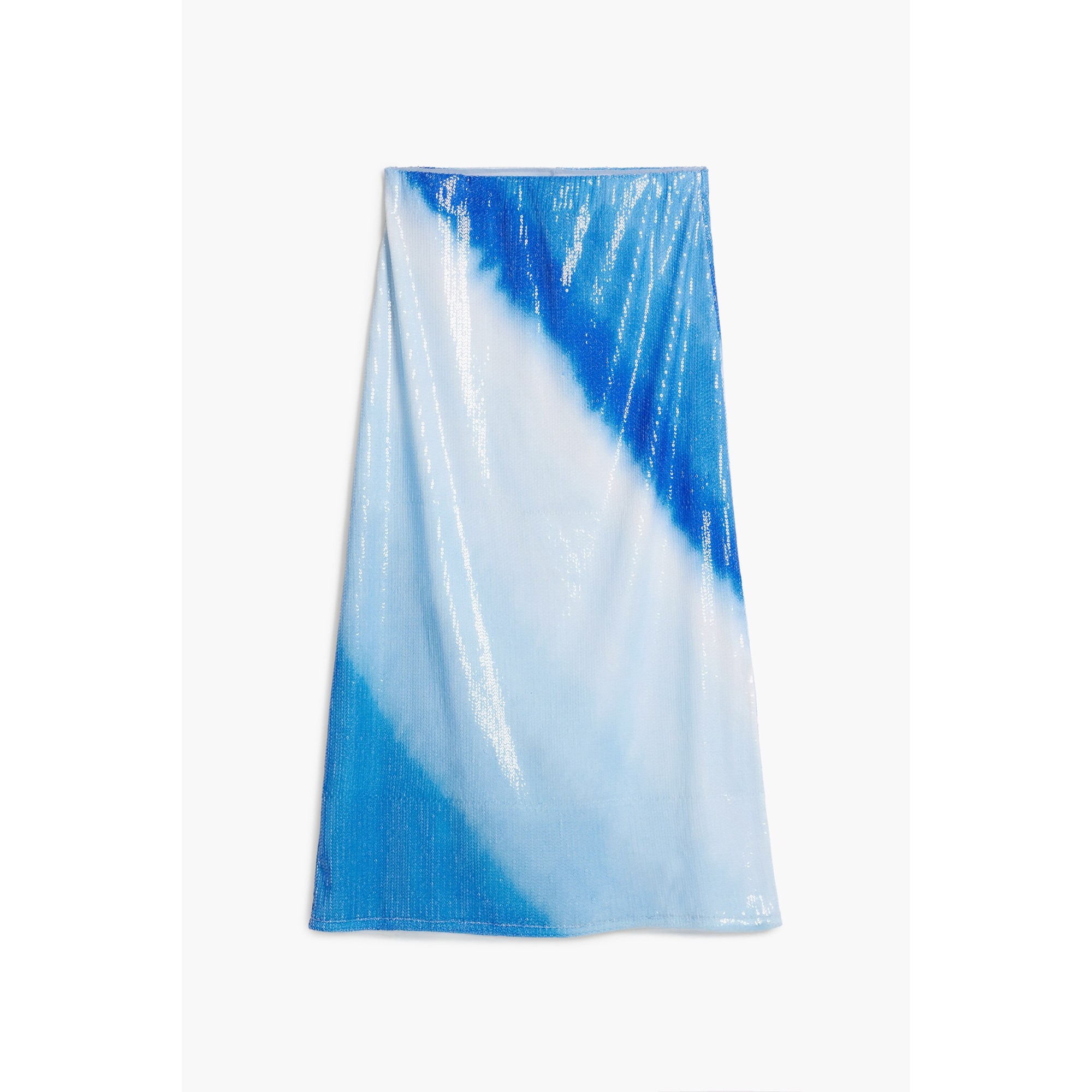 Tie-dye midiskirt by Desigual featuring a gradient of blue shades with a shiny, sequined texture, perfect for a stylish summer look.