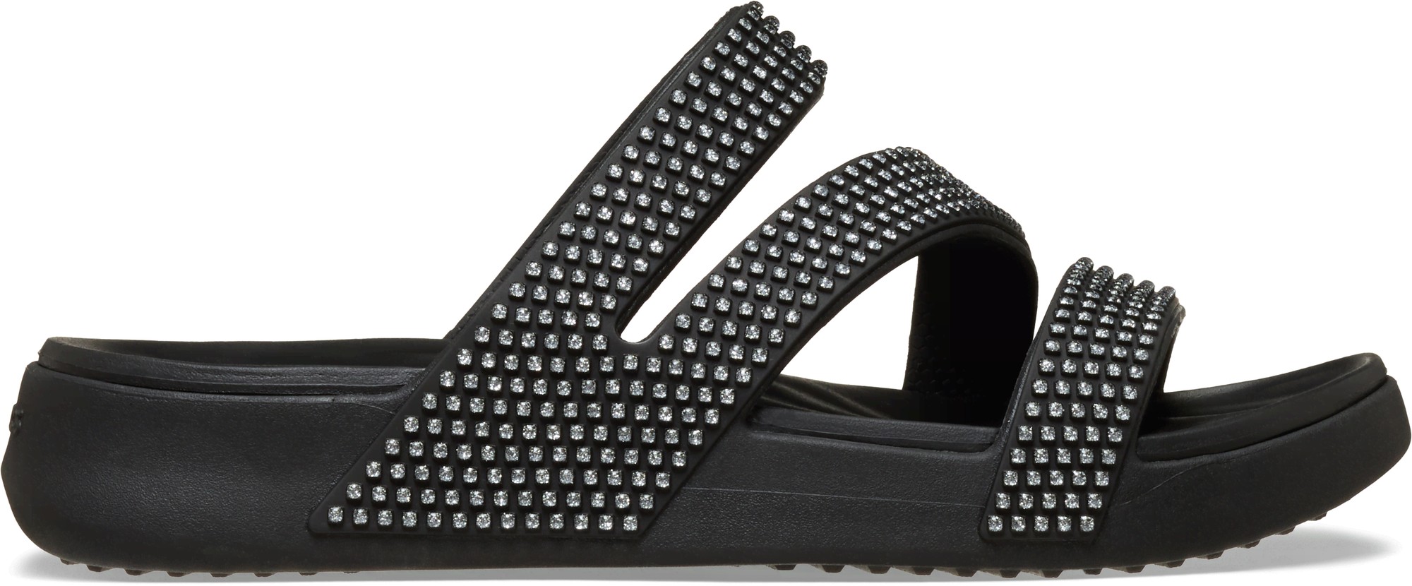 Black Crocs mules featuring a sleek design with three wide straps adorned with sparkling rhinestones, perfect for casual wear.