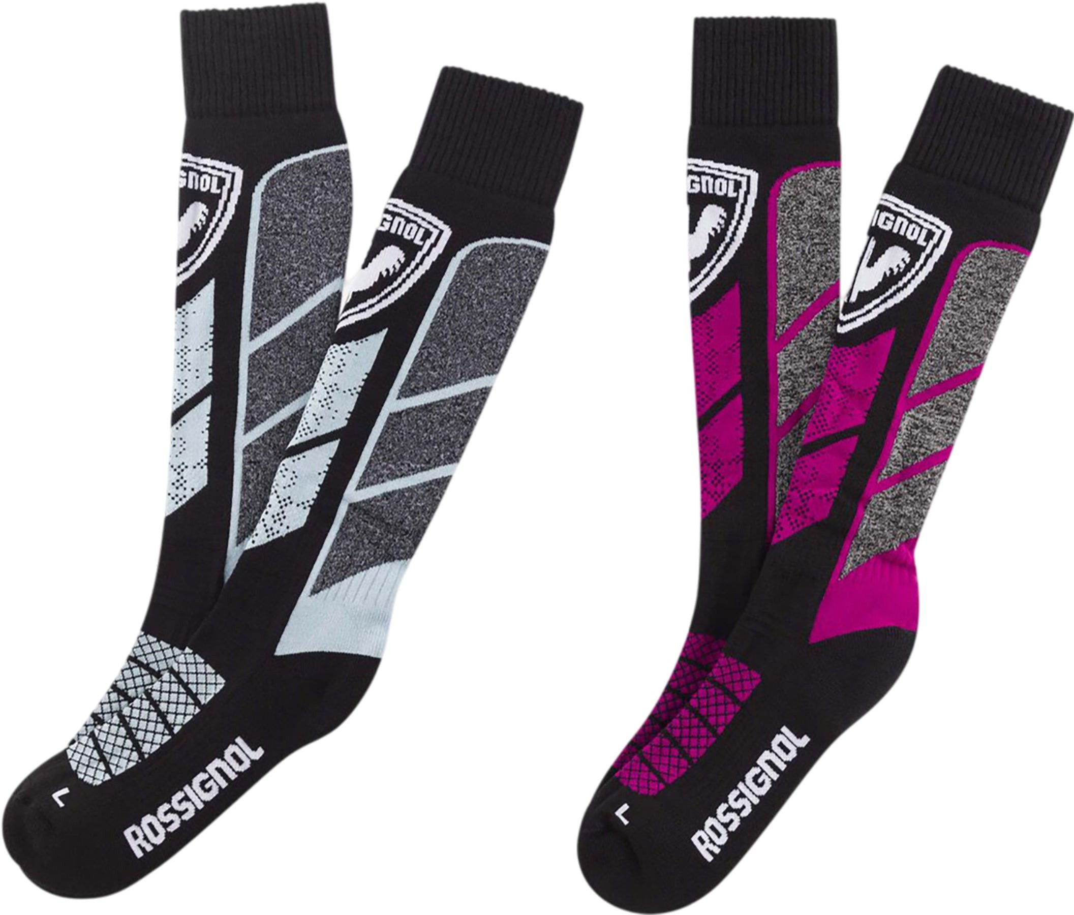 Two pairs of women's Rossignol Thermotech socks, one in black with gray and white geometric patterns, and the other in black with pink and gray accents, featuring a logo on the cuff.