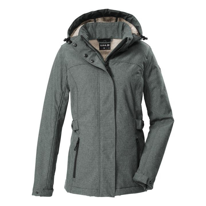 Women's softshell waterproof jacket in dark gray with a textured finish, featuring a hood, zippered pockets, and adjustable waist for a tailored fit.