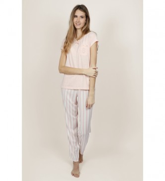 Light pink short-sleeve top with a pocket paired with white and light pink striped trousers, made from soft fabric for comfort.