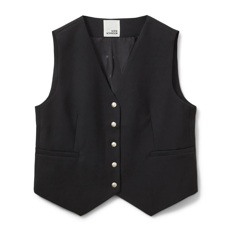 Black women's suit waistcoat by Sofie Schnoor, featuring a v-neckline, five silver buttons, and two front pockets, made from a smooth, tailored fabric.