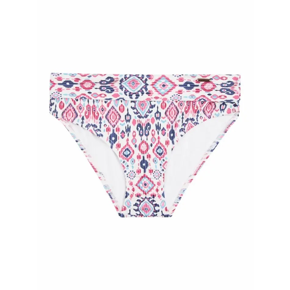 Women's Protest Mixlavasa swimsuit bottoms featuring a vibrant geometric pattern in pink, navy, and white, made from stretchy material for comfort and fit.