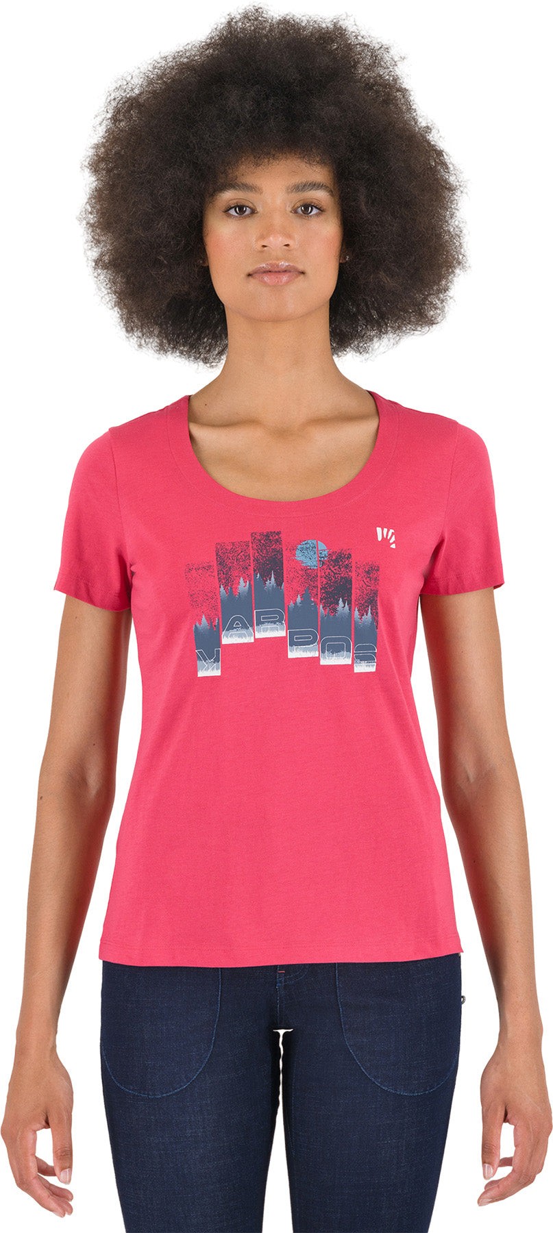 Bright pink women's T-shirt featuring a round neckline, short sleeves, and a graphic design of trees and mountains in blue and white. Made from soft, breathable material.