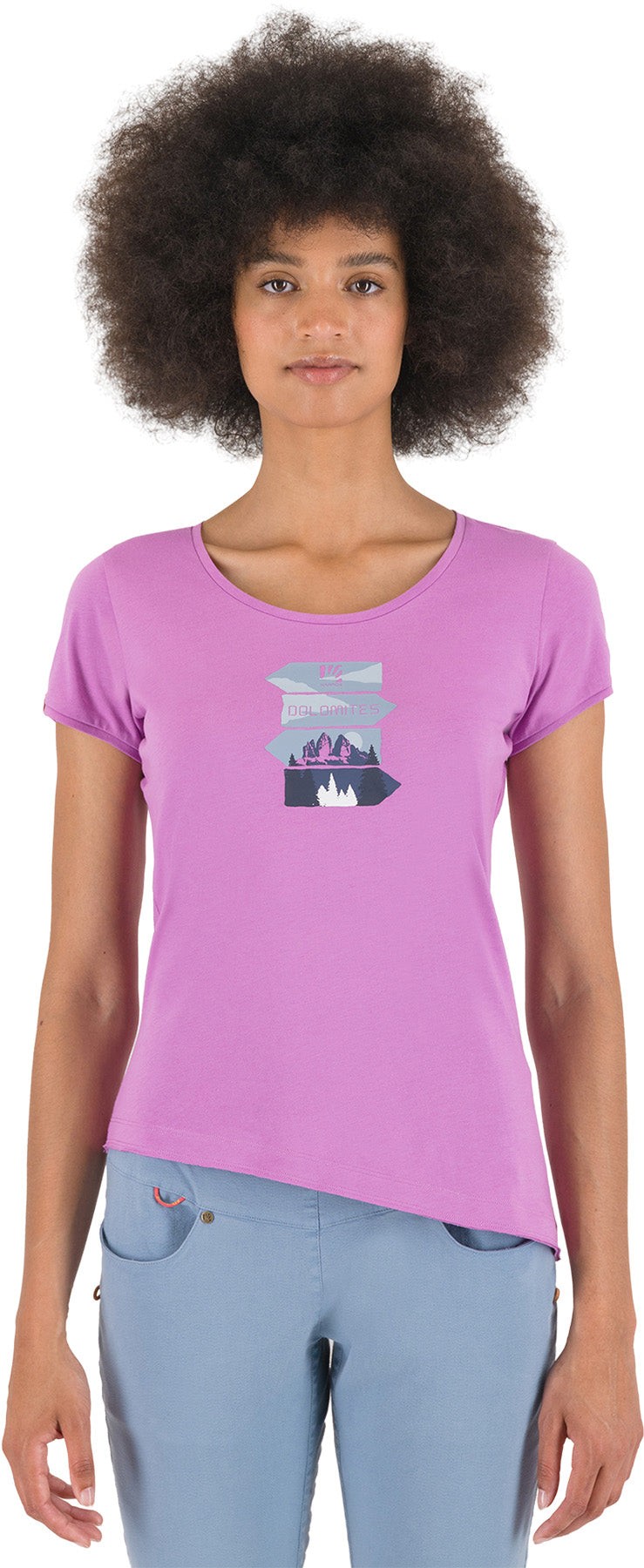 Light purple women's T-shirt by Karpos featuring a round neckline, short sleeves, and a graphic design with mountains and a flame on the front.