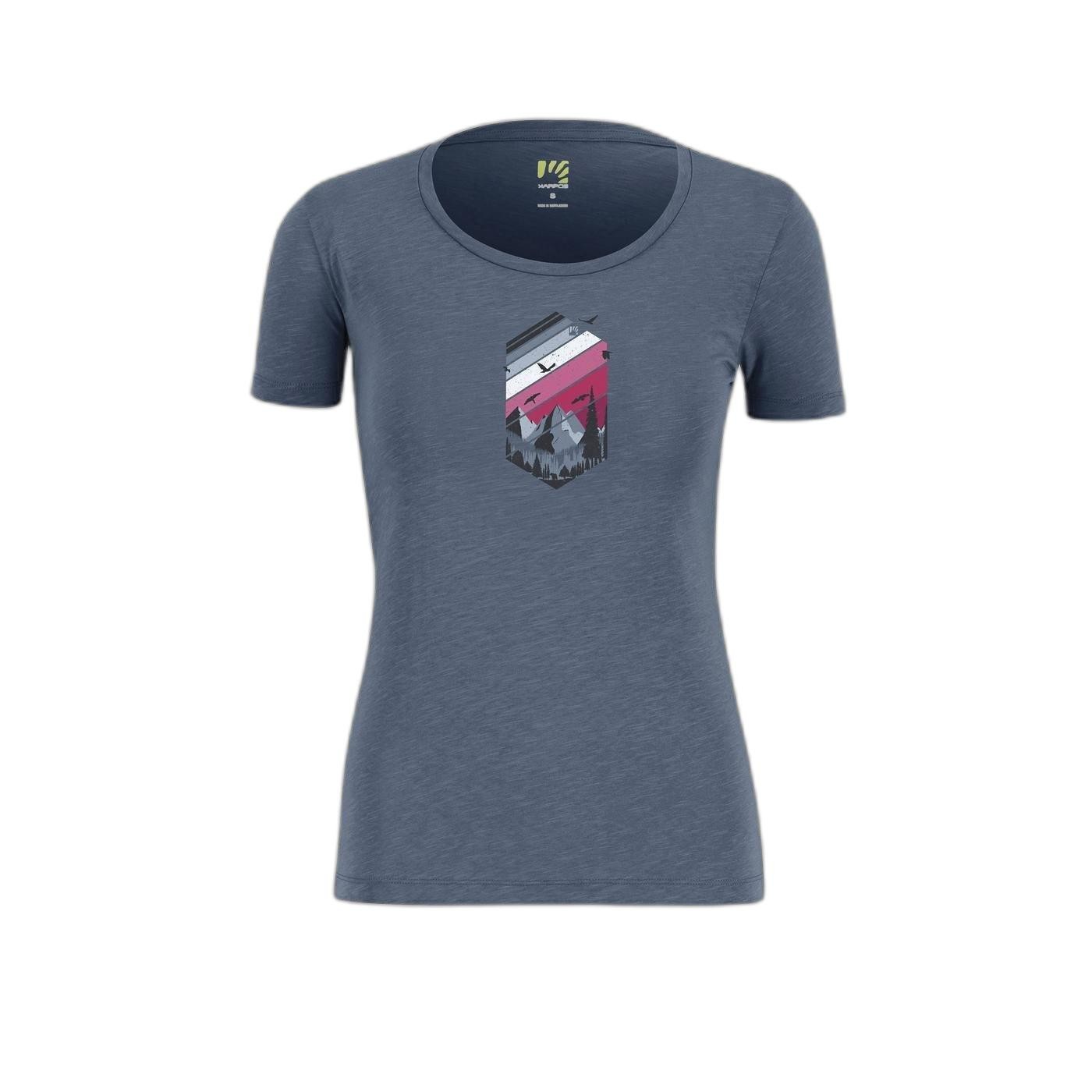Women's short-sleeve T-shirt in navy blue featuring a colorful mountain graphic on the front, made from soft, breathable material for comfort.
