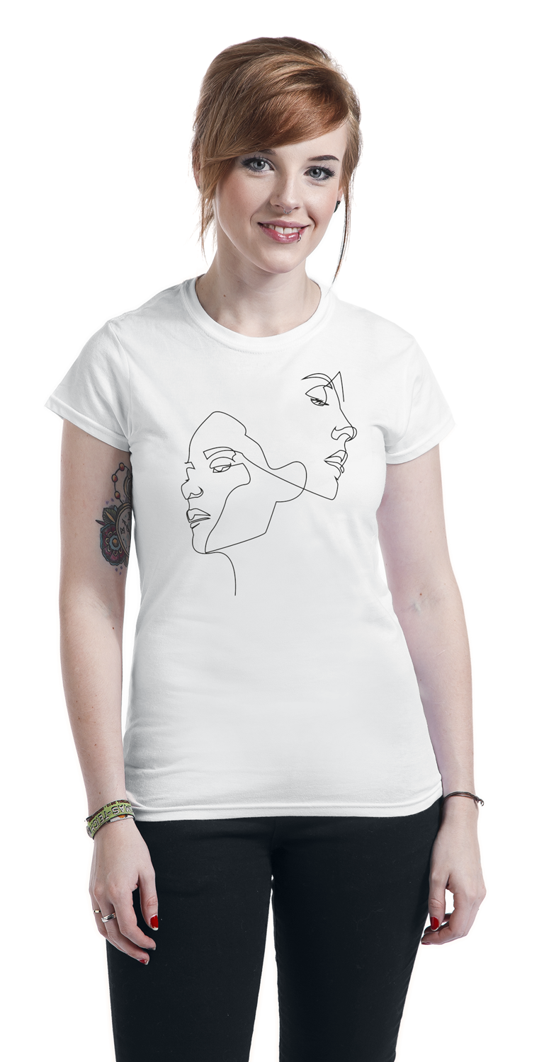 White women's T-shirt featuring a minimalist black line drawing of two profile faces, made from soft cotton material, with a fitted silhouette and short sleeves.