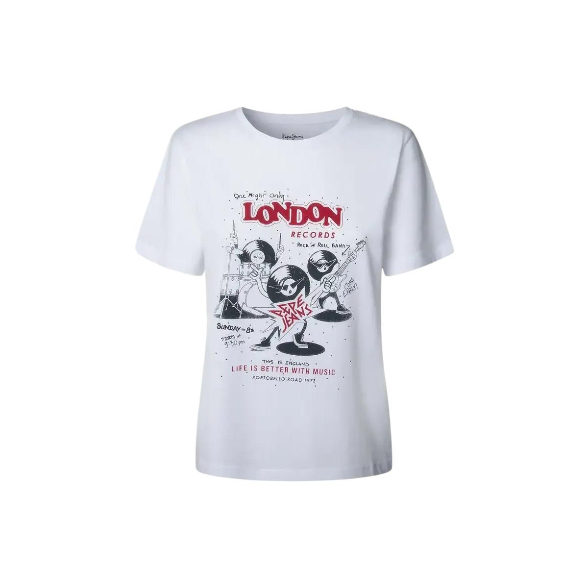 White women's T-shirt by Pepe Jeans featuring a graphic print of London Records with musical elements and text, made from soft cotton material.