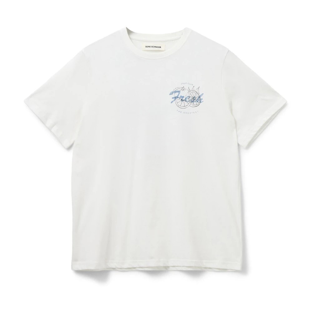 White women's T-shirt by Sofie Schnoor featuring a relaxed fit, short sleeves, and a blue graphic print on the front.