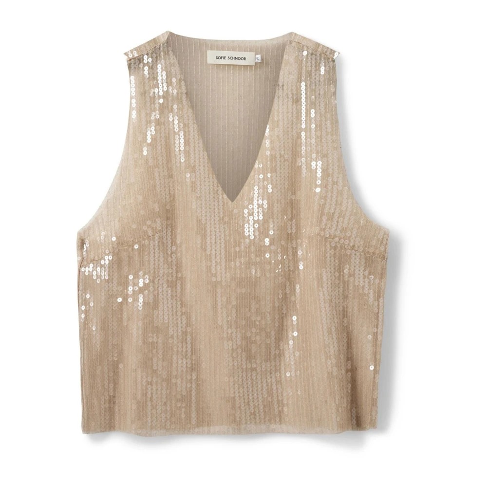 Beige sleeveless tank top with a deep V-neck, adorned with shimmering sequins, featuring a relaxed fit and subtle pleats for a stylish look.