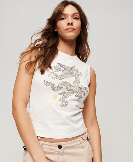 White women's tank top by Superdry featuring a dragon graphic design in black and gold, made from soft cotton material with a fitted silhouette.