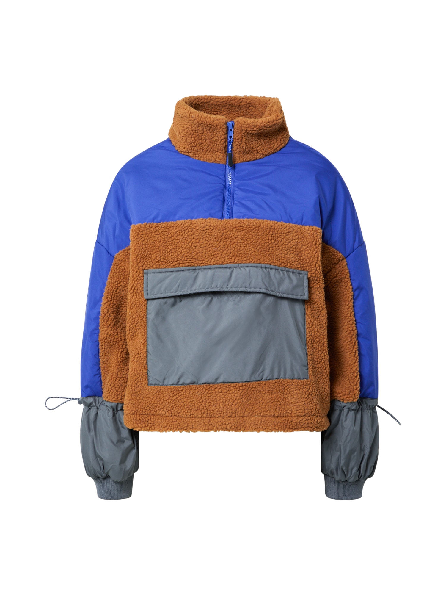 Women's Sherpa jacket featuring a tricolour design with brown, blue, and grey sections, a high collar, half-zip, and a front pocket.