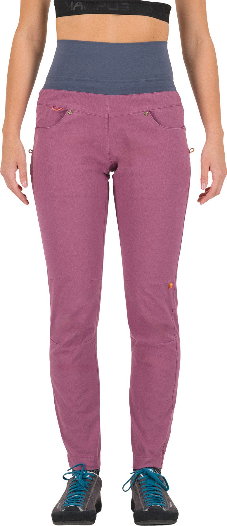 Women's Karpos Pez trousers in a soft mauve color, featuring a high waistband, two front pockets, and a slim fit design, ideal for outdoor activities.