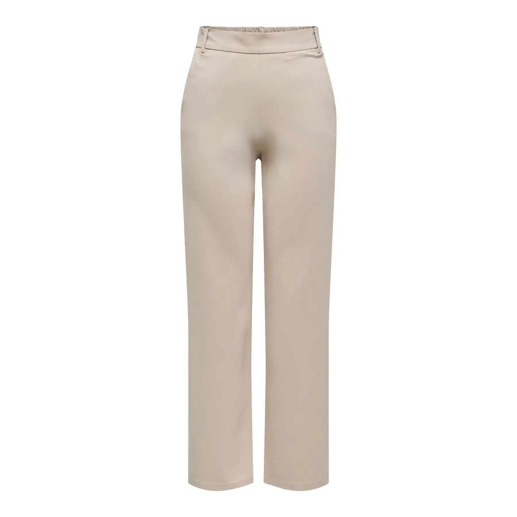 Beige women's trousers by Only, featuring a high waist, straight leg design, and a smooth, stretchy material for comfort.
