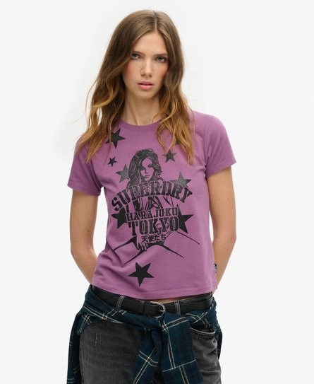 Purple ultra-slim fit T-shirt featuring a graphic print of a woman and stars, with "Superdry Harajuku Tokyo" text, styled with a plaid shirt tied around the waist.