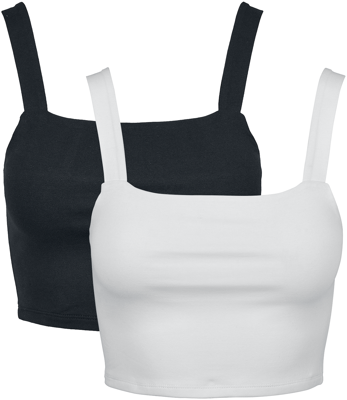 Two women's crop tops by Urban Classics, one in black and one in white, featuring adjustable straps and a fitted design, made from soft, stretchy material.