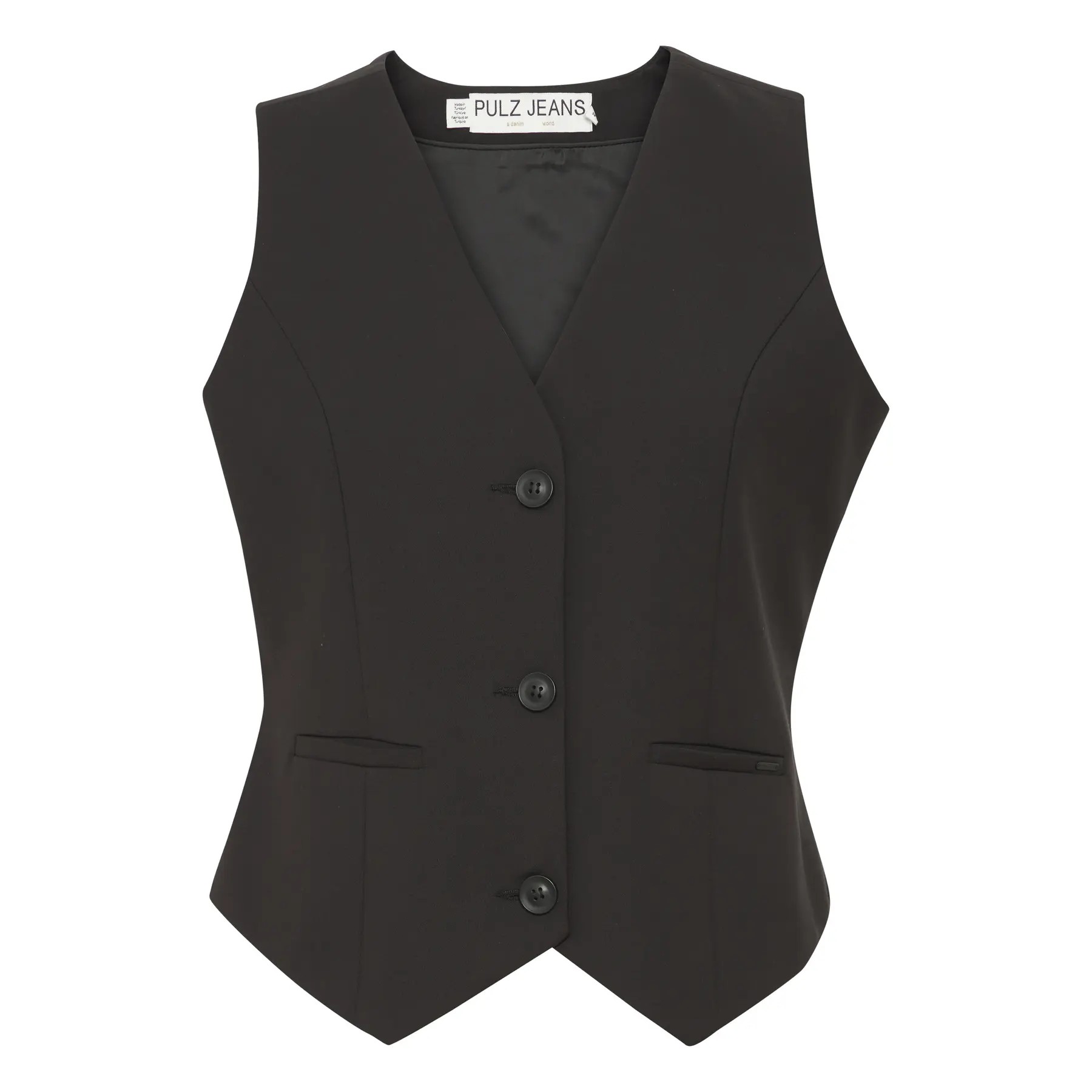 Black women's vest by Pulz Jeans, featuring a sleek design, V-neckline, three-button closure, and two front pockets, crafted from a smooth, tailored material.