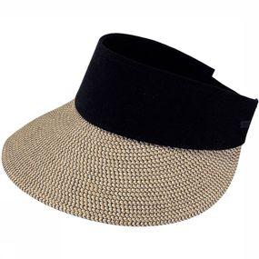 Women's visor cap by Barts featuring a woven straw design in beige with a wide black fabric band, ideal for sun protection and stylish outdoor wear.