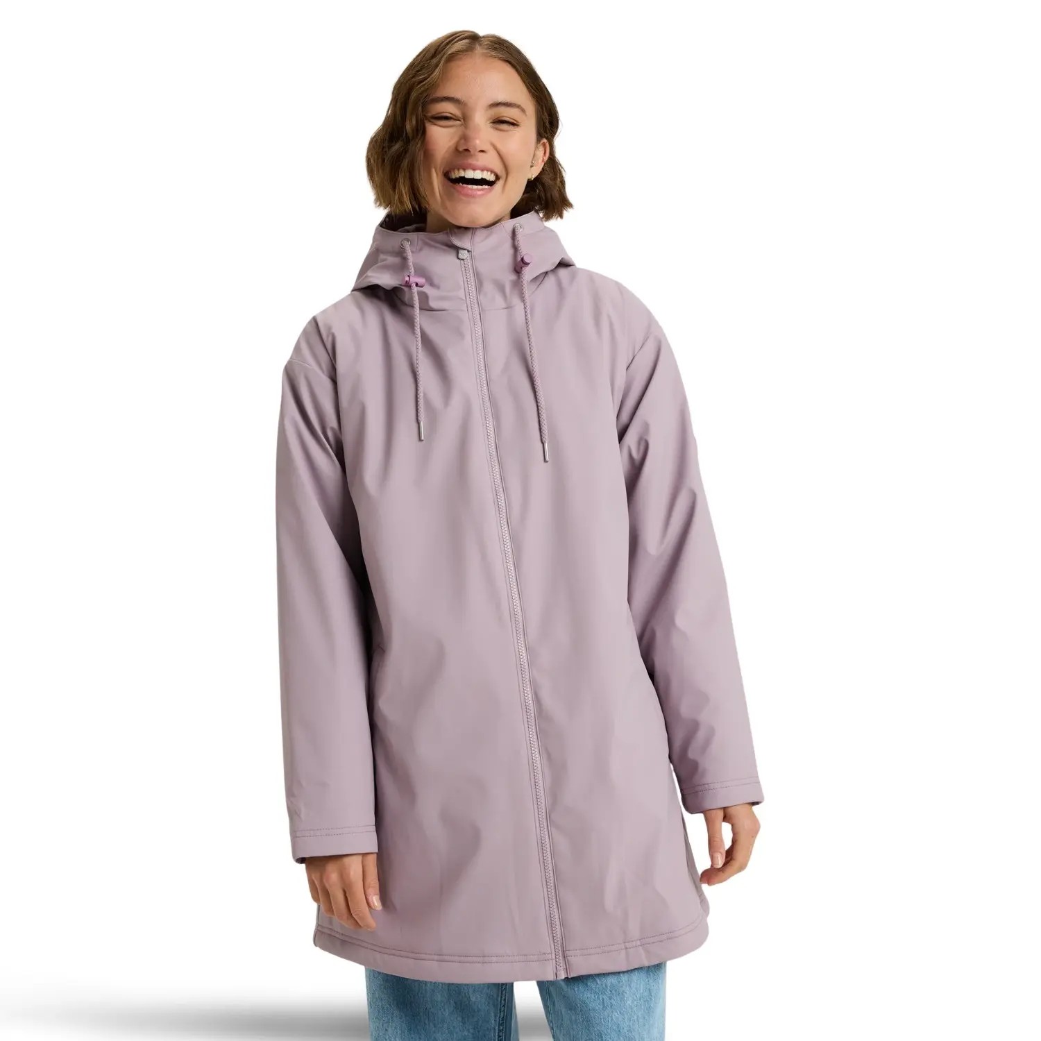 Light purple women's waterproof jacket by Roxy features a hood, zip closure, and a relaxed fit, perfect for rainy weather.
