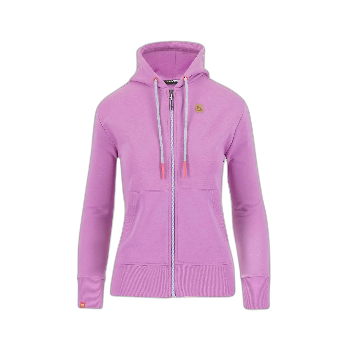 Light pink women's zip-up hoodie by Karpos, featuring a front zipper, drawstring hood, and a small logo on the chest, made from soft, comfortable material.
