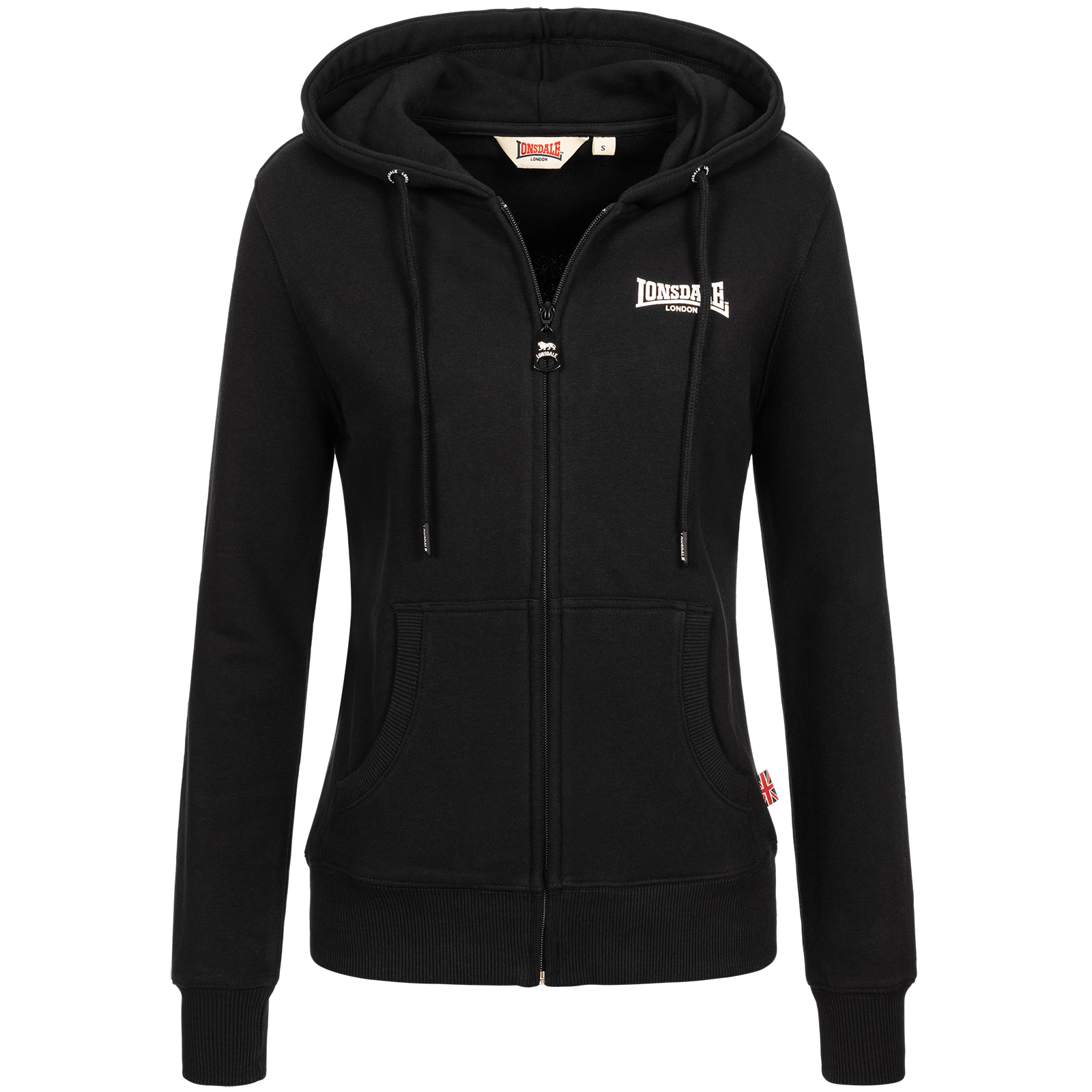 Black zip-up hoodie with a front zipper, drawstring hood, and two side pockets, featuring the Lonsdale logo on the chest and a red tag on the hem.