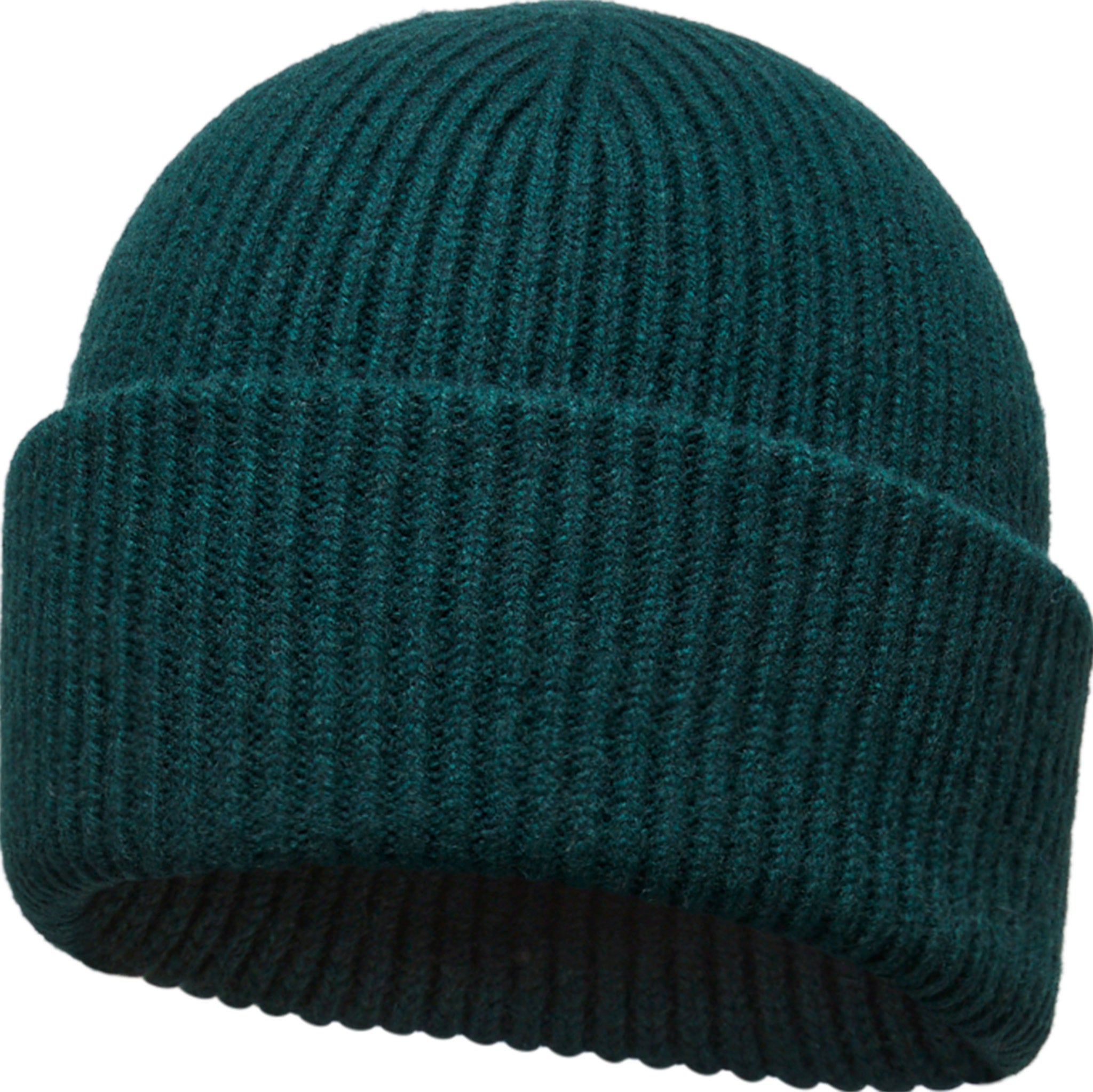 Emerald green wool hat with a ribbed texture and a folded cuff, made from soft merino wool for warmth and comfort.