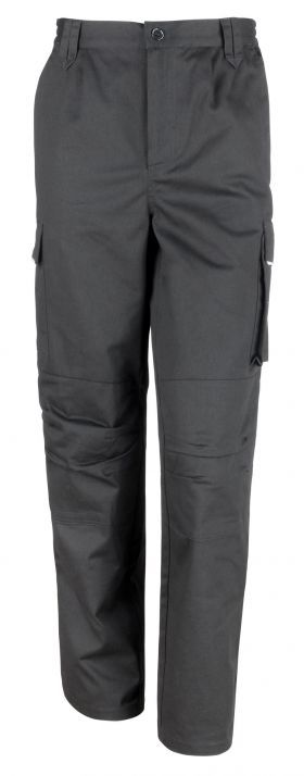 Black work trousers made from durable material, featuring multiple pockets, a straight-leg design, and reinforced knees for added protection and functionality.