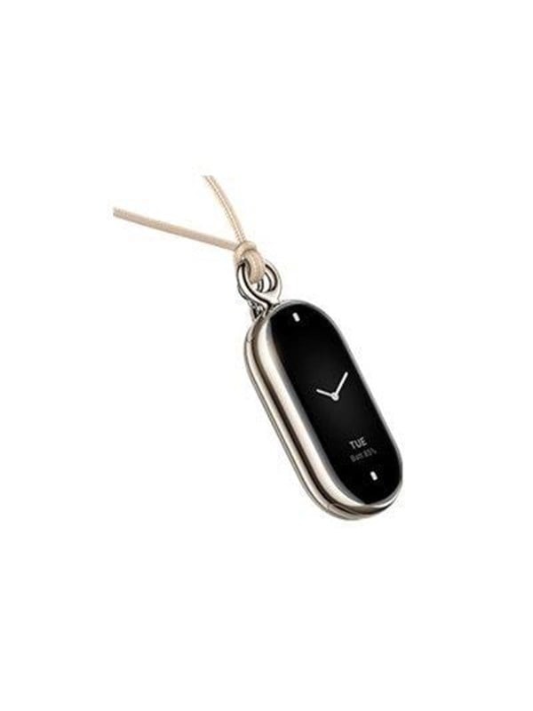 Black and grey Xiaomi BHR7304GL smart wearable necklace featuring a sleek, oval design with a digital display showing the day and time, suspended on a light-colored string.