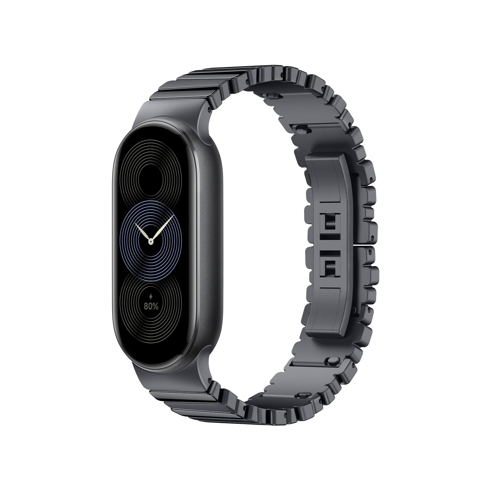 Graphite gray metal strap featuring a sleek design, adjustable links, and a minimalist watch face displaying time and battery percentage.