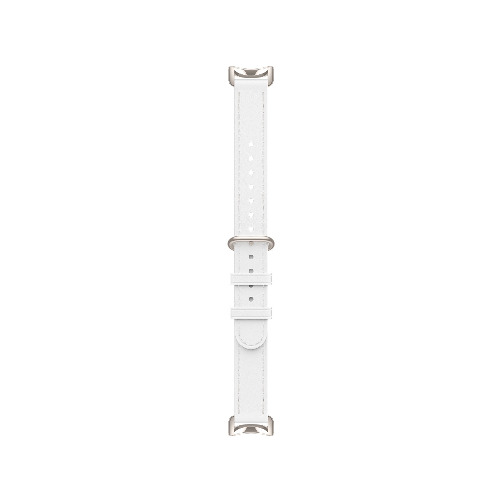 Ceramic white leather strap with silver metal accents, featuring multiple adjustment holes and a sleek, minimalist design.