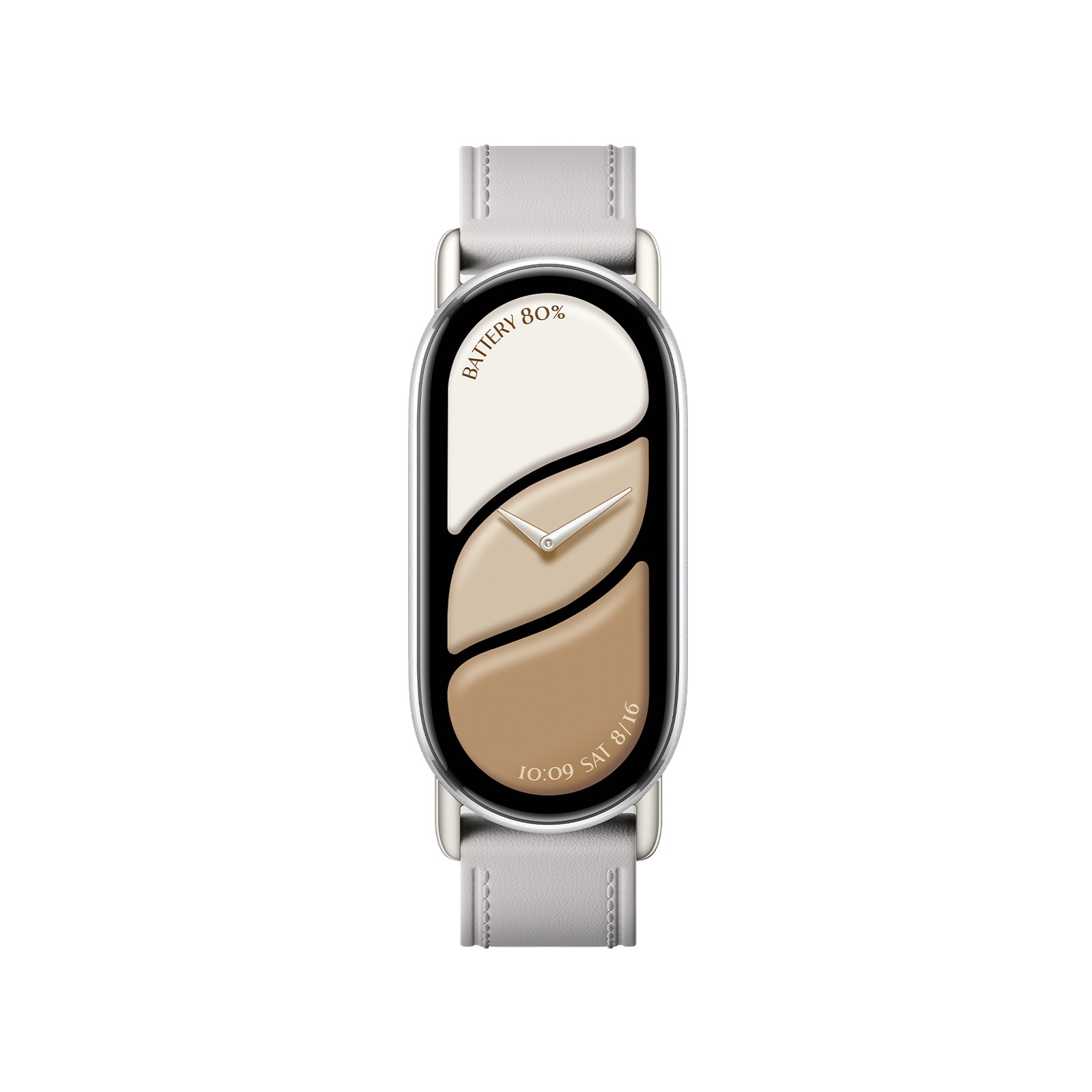 Xiaomi Leather Strap in gray elephant color features a sleek, minimalist design with a smooth leather finish and a stylish watch face displaying time and battery percentage.