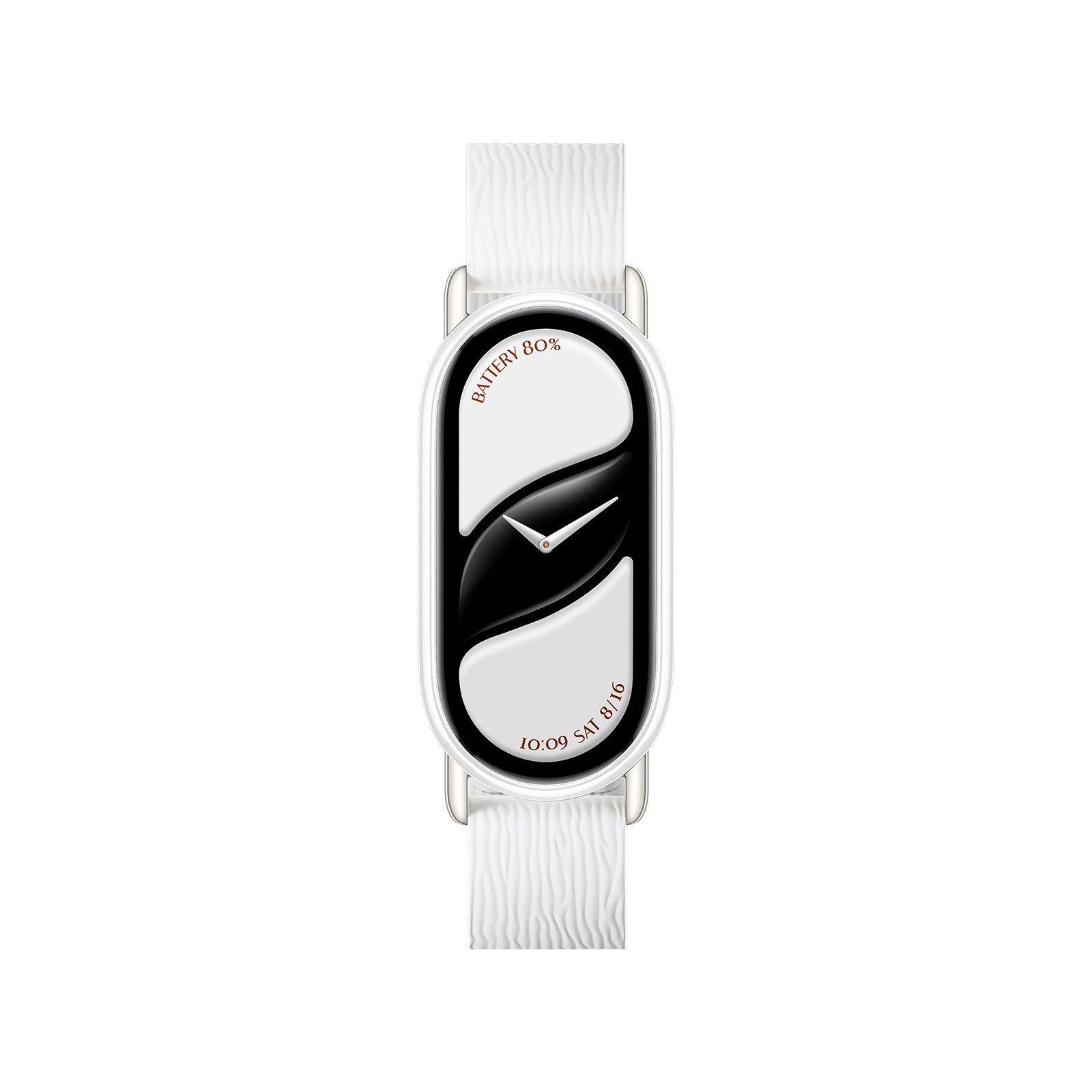 Xiaomi Smart Band 10 in Glacier White features a sleek, oval display with a black and white design, showcasing battery percentage and time on a textured white strap.