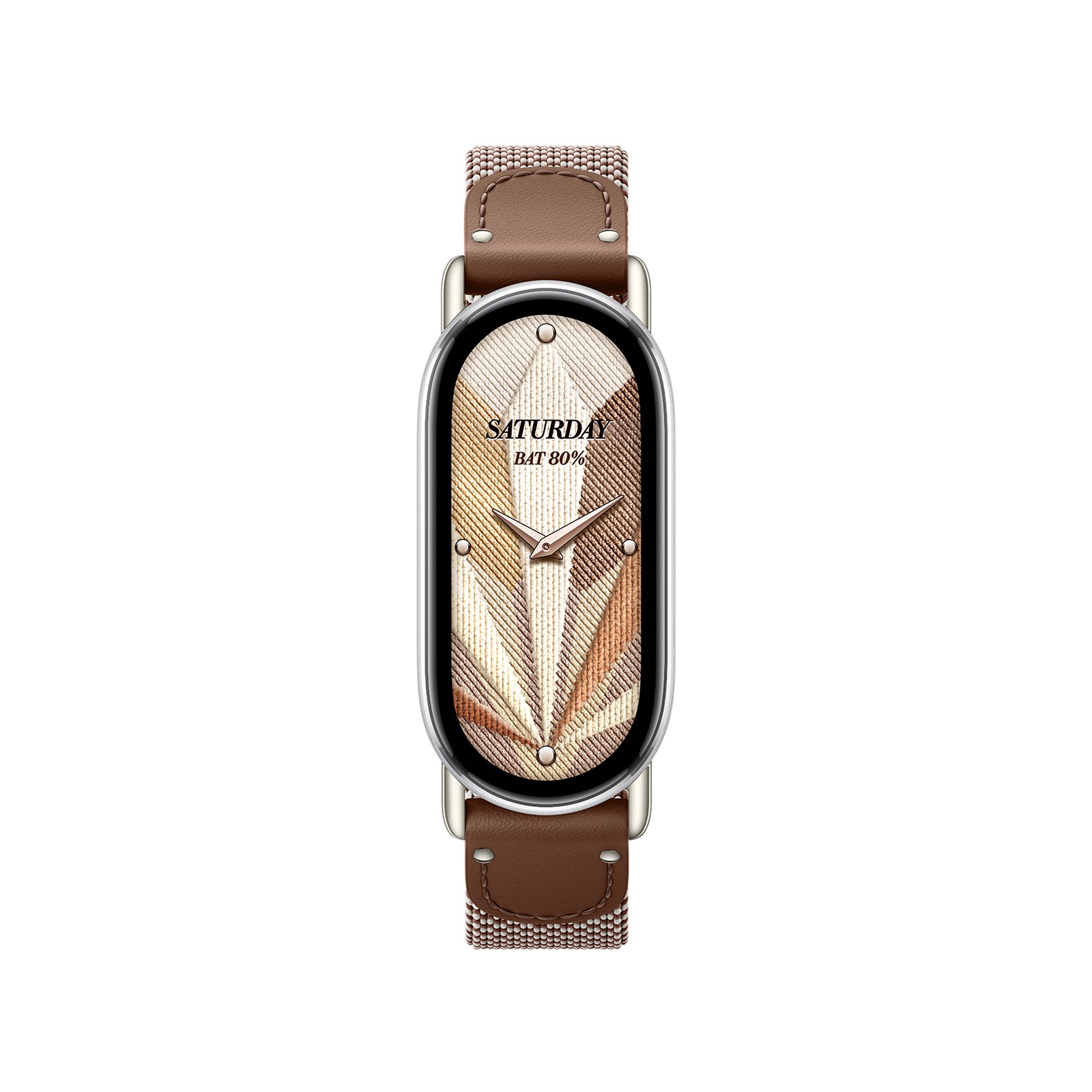Silk knitted strap in feather brown, featuring a sleek oval watch face with a geometric design and a metallic frame, perfect for stylish wear.
