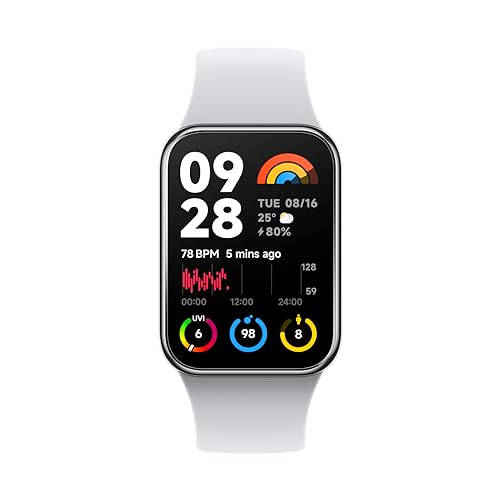 Light grey Xiaomi Smart Band 8 Pro features a rectangular touchscreen displaying time, date, weather, heart rate, and colorful activity metrics.