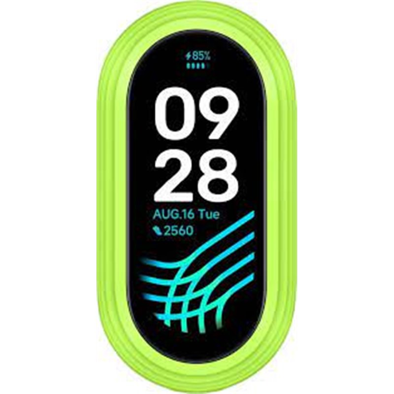 Xiaomi Smart Band 8 Running features a vibrant green silicone strap, a sleek oval display showing the date and fitness stats, with a modern, sporty design.
