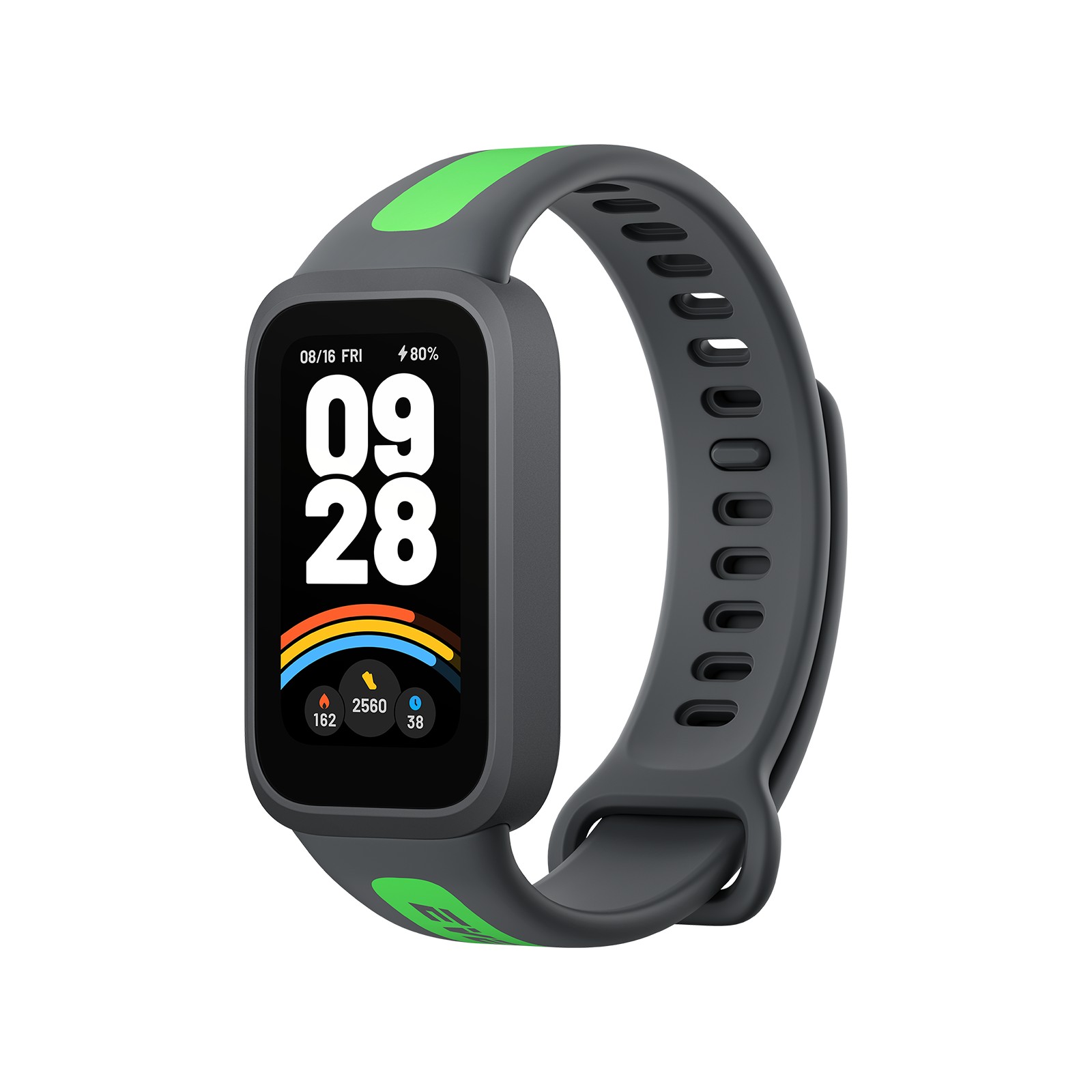 Xiaomi Smart Band 9 features a sleek gray strap with luminous green accents, a vibrant display showing time and fitness stats, and a sporty design ideal for active use.