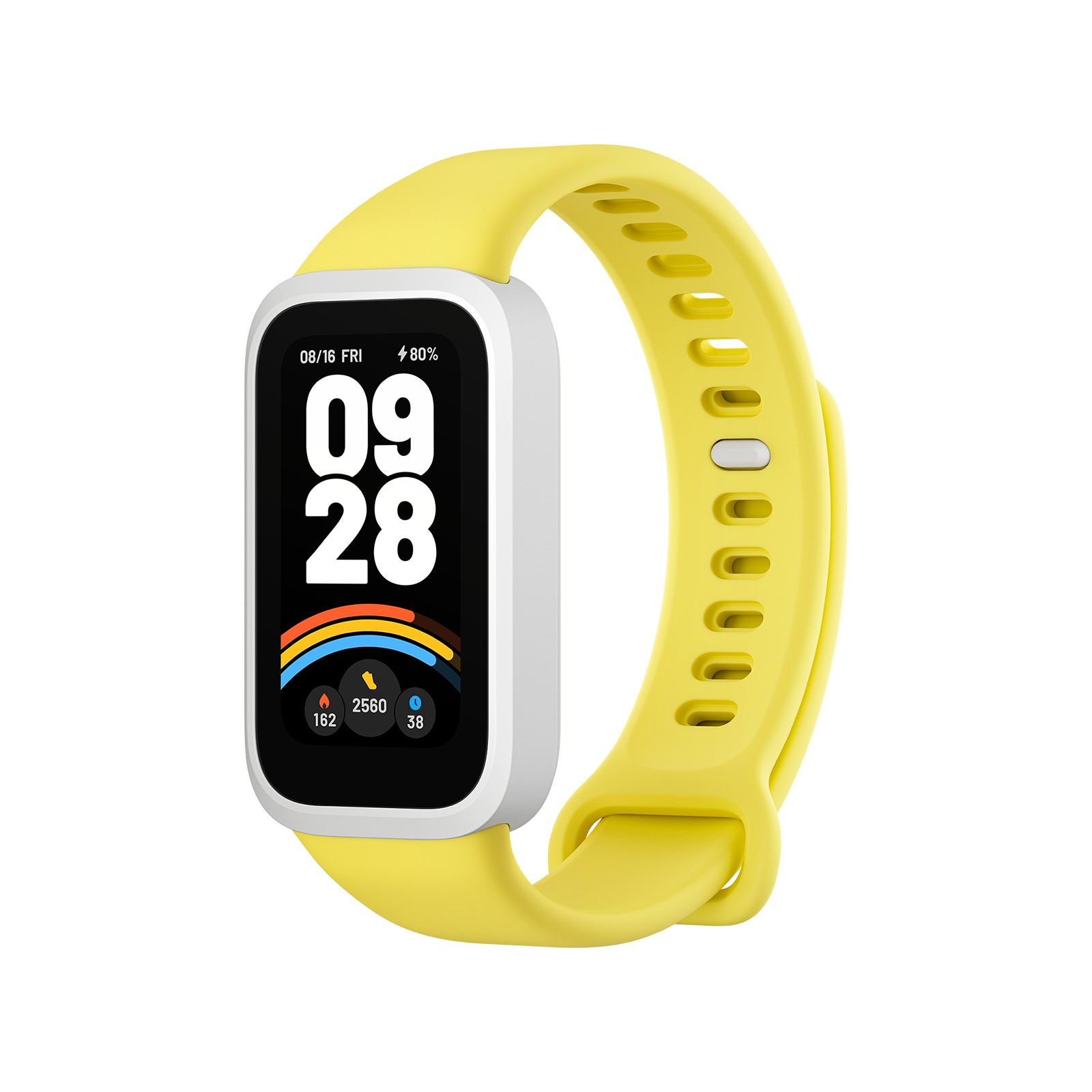Xiaomi Smart Band 9 with a vibrant yellow active strap, featuring a rectangular display showing the time, date, and fitness metrics in a sleek, lightweight design.