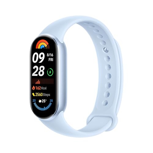 Xiaomi Smart Band 9 in Ice Blue features a sleek, rounded display showing date, time, step count, and heart rate, with a soft silicone strap for comfort.